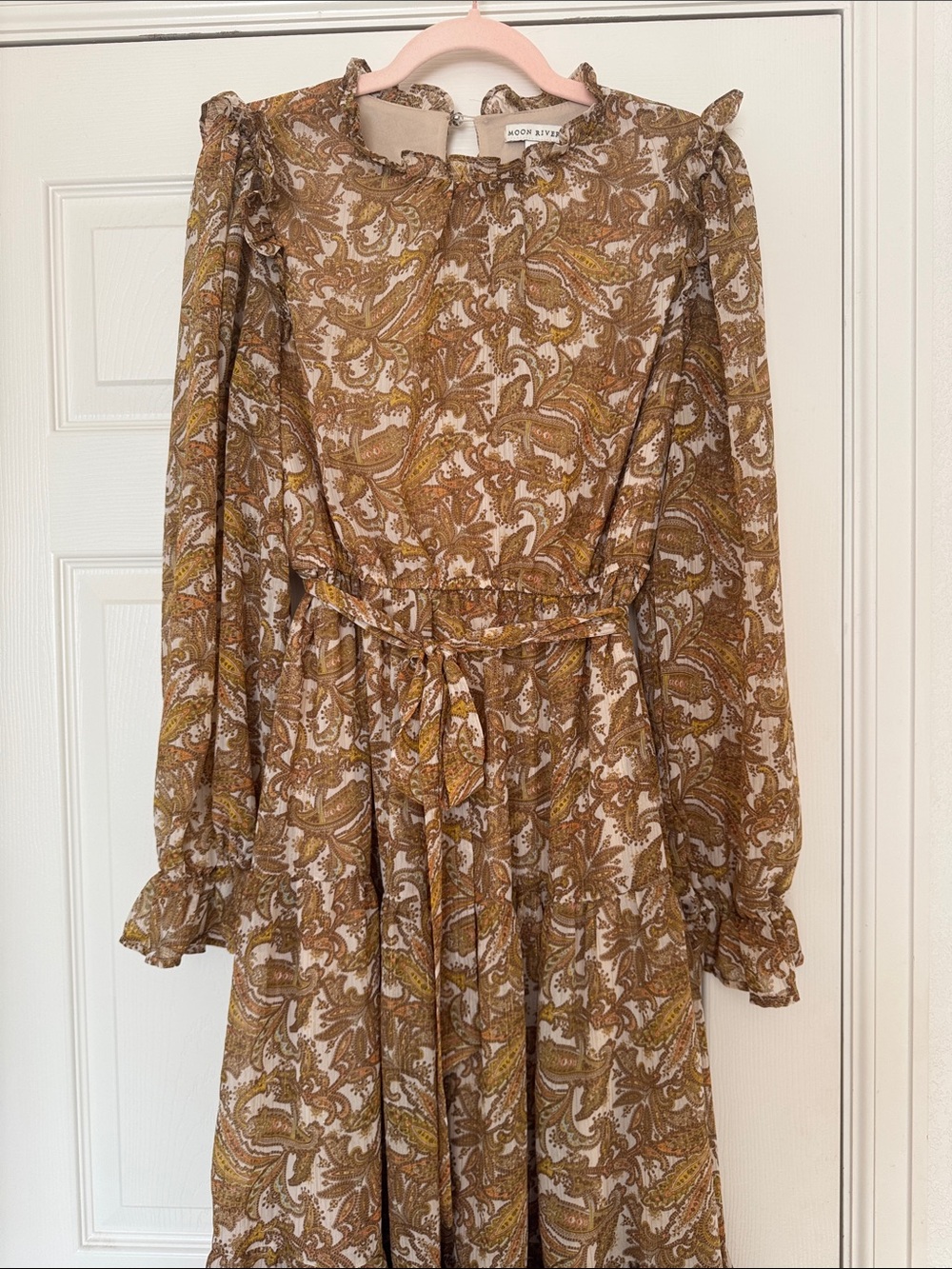 Moon River Mustard Paisley Long Sleeve Tiered Midi Dress